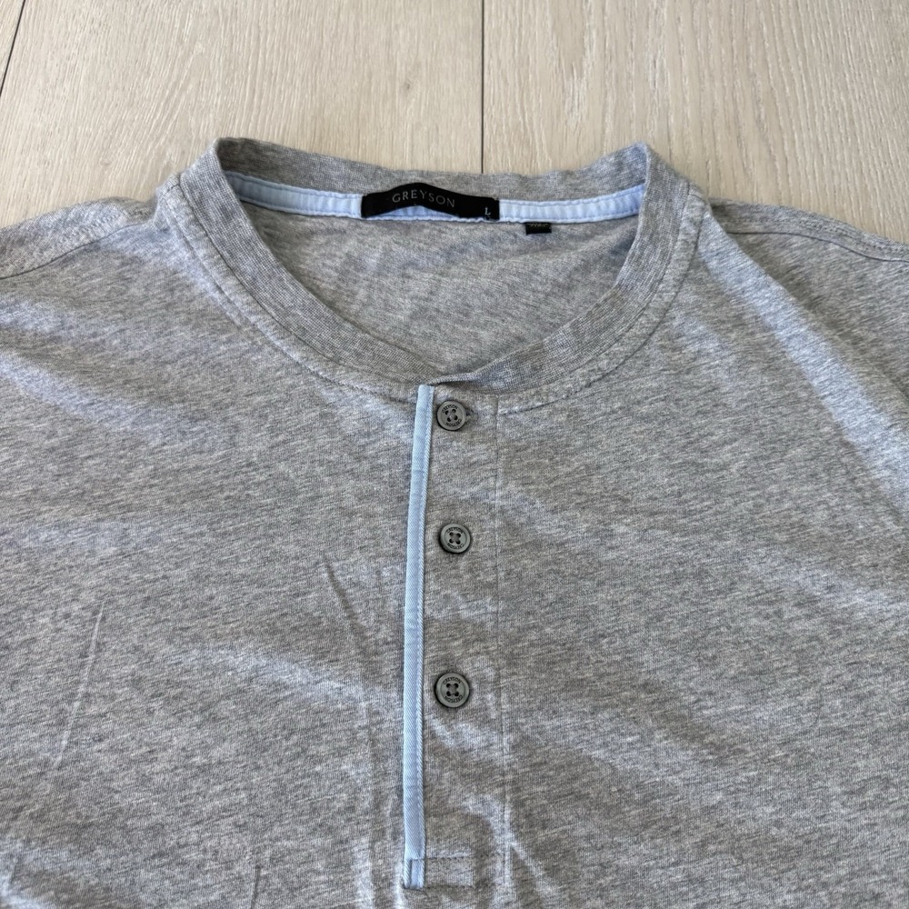 Greyson Alpha Slub Henley Shirt Mens L Large Gray Cotton Blue Trim Peru